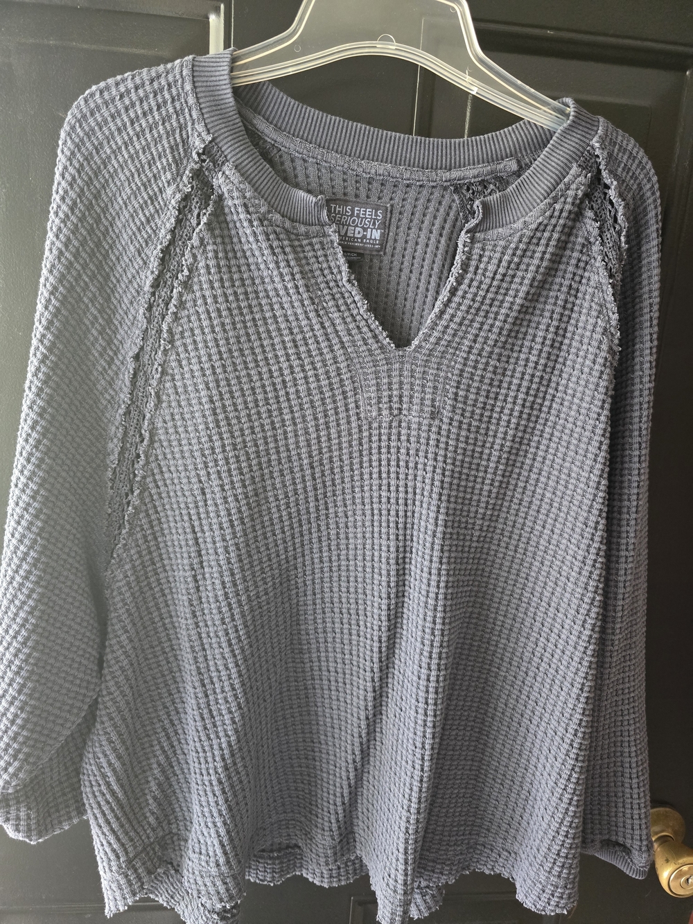 American Eagle Outfitters Waffle-Knit Notch Neck Sweatshirt Blue Small Oversized